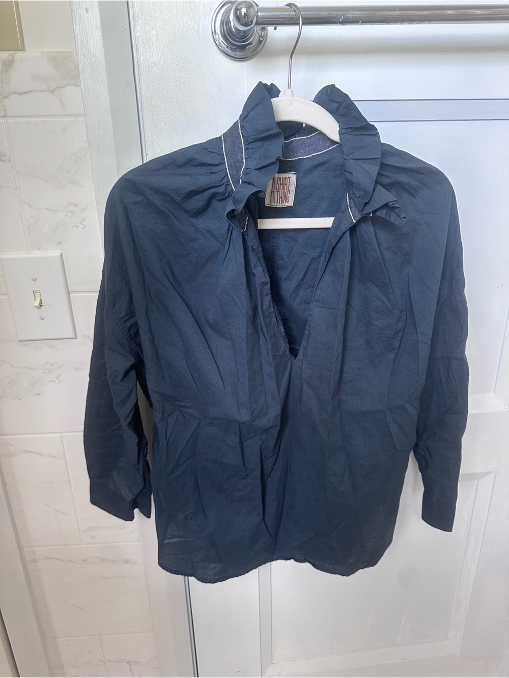 A Shirt Thing Navy Ruffled Collar Blouse
